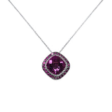 Square amethyst CZ surrounded by 24 2 mm amethyst CZ's 16 inch cable chain included.