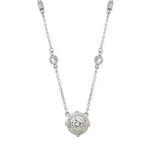 Silver Art Deco Necklace. Cubic Zirconia pendant. 